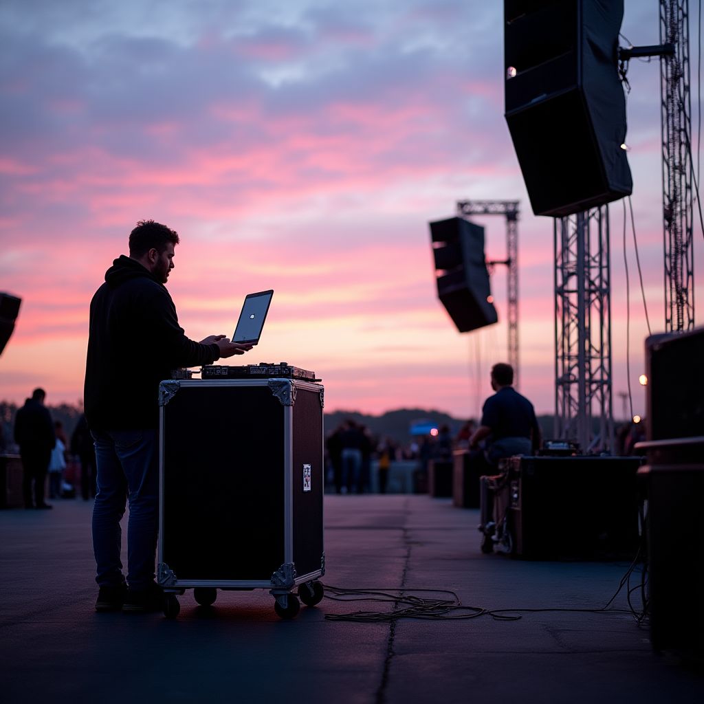 A volunteer setting up for a local music festival