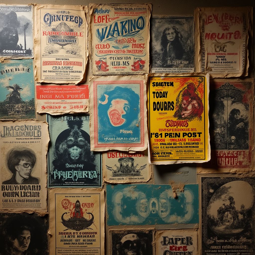 A wall covered in band posters and gig flyers