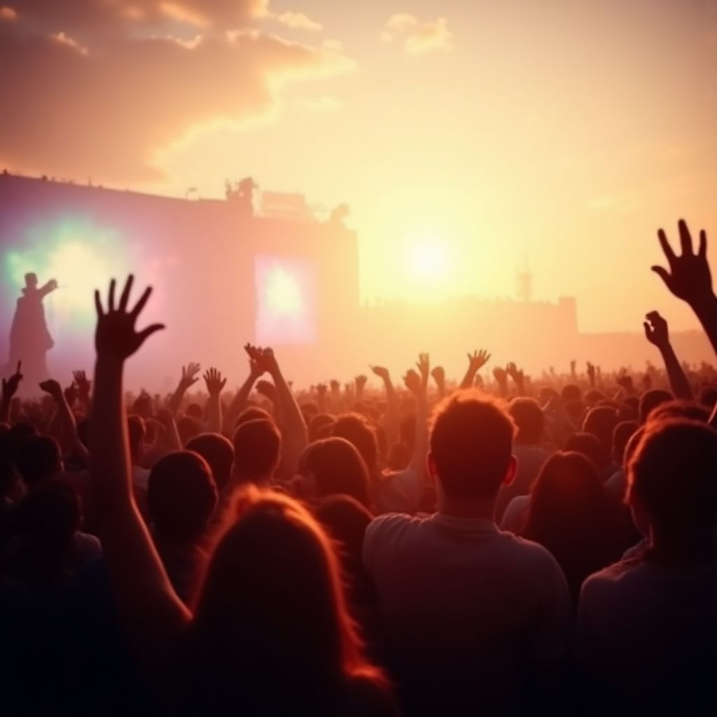 A crowd of fans with their hands in the air at a concert