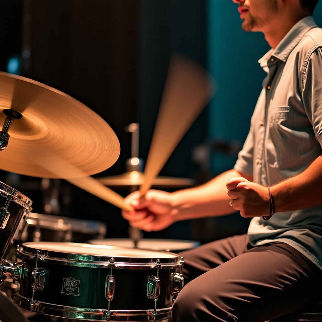 A drummer mid-performance, surrounded by their kit
