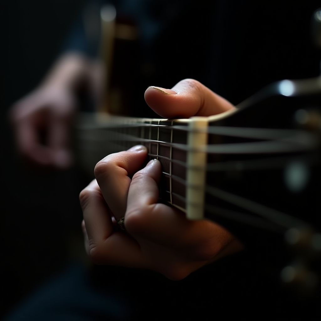 Close-up of a guitarist's hands playing a solo