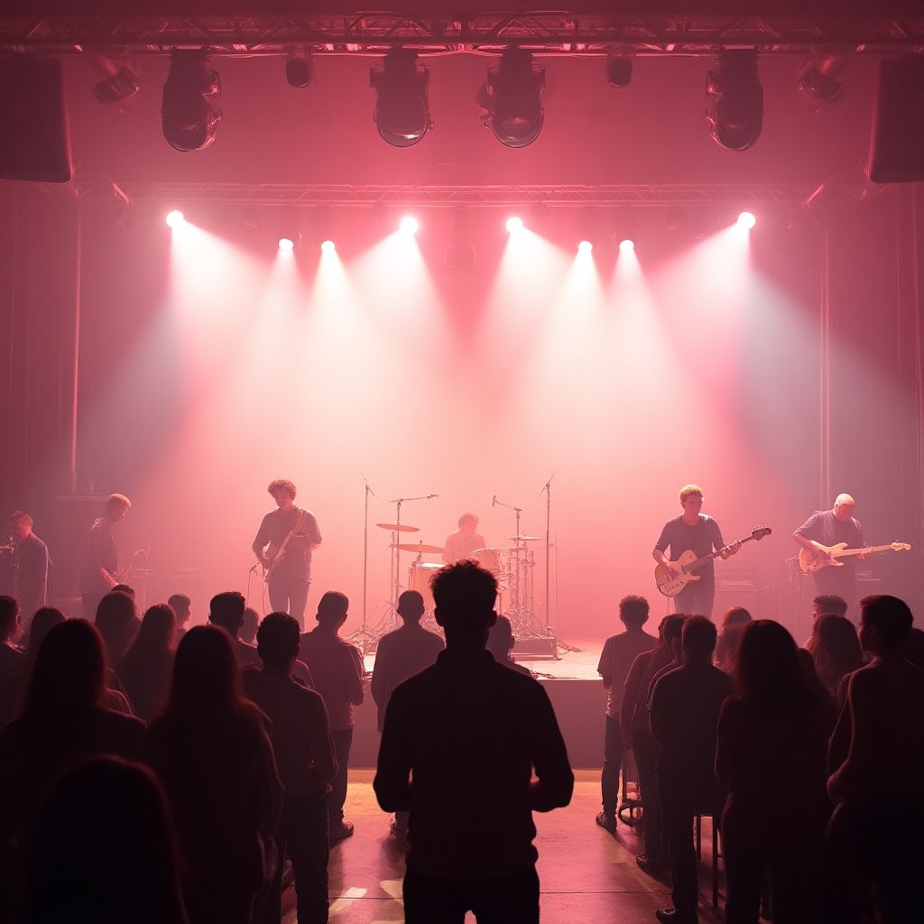 A band doing a soundcheck on an empty stage