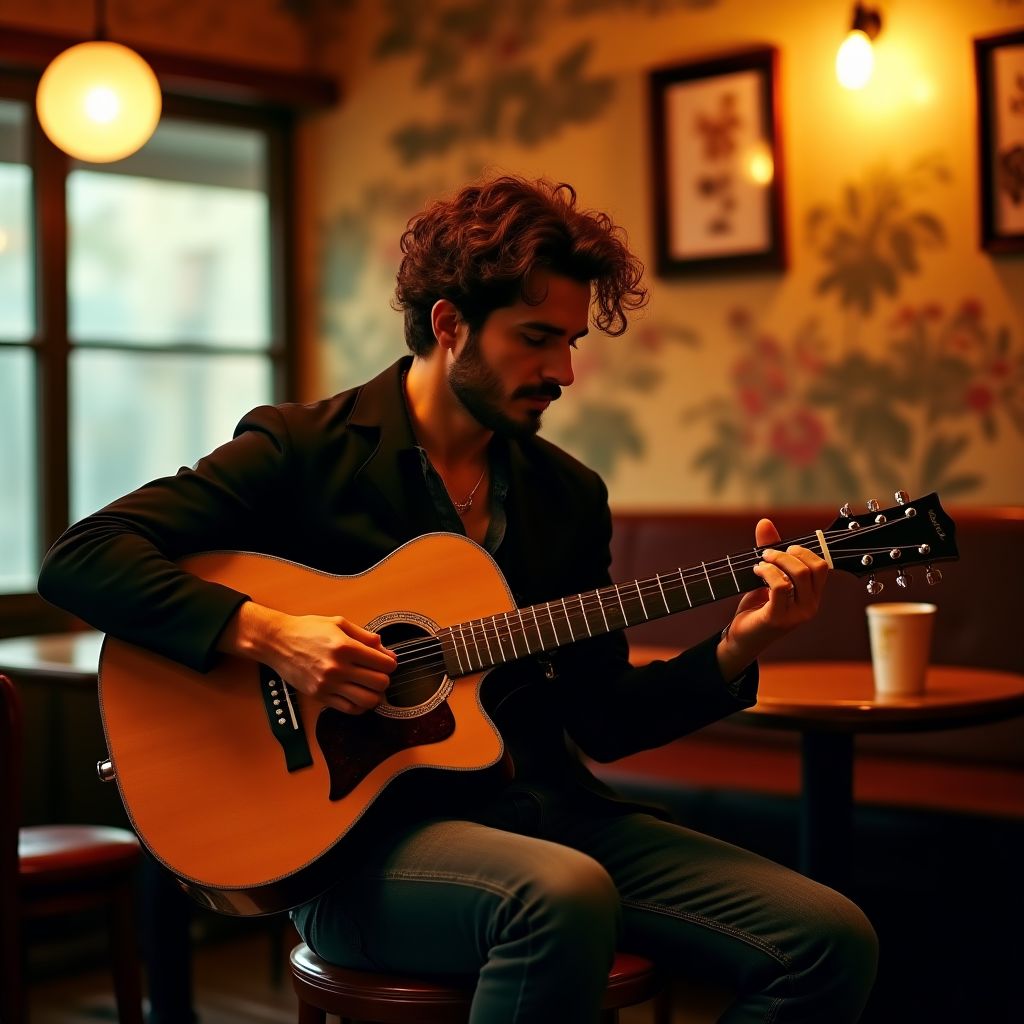 Acoustic solo artist playing guitar in a cozy cafe