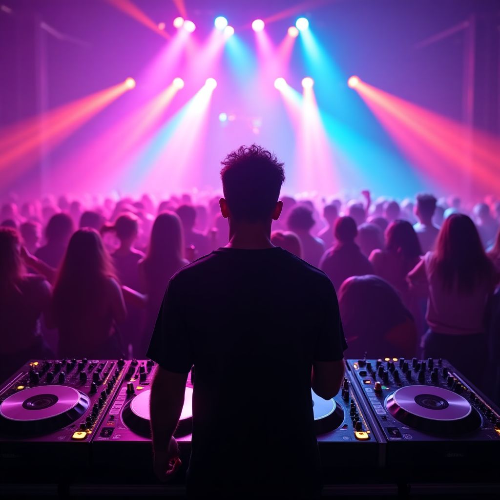 DJ performing at an electronic music event with vibrant lights